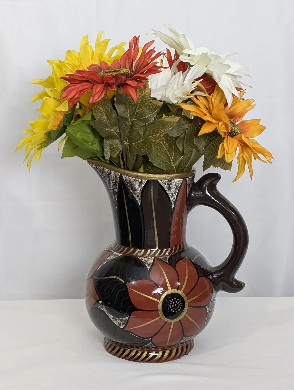 Vintage Postmodern Art Deco Floral Ceramic Pitcher Vase Black Gold
